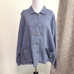 Flax Womens Linen Long Sleeve Button Up Tunic Top L Blue Lagenlook Beach Pockets